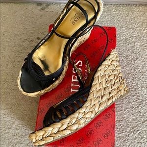 Guess GW Marlene Black Satin Ankle Strap Wedges